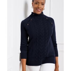 NWT Talbots Womens Cable Knit Sweater M Navy Funnel Neck Nautical Coastal Preppy